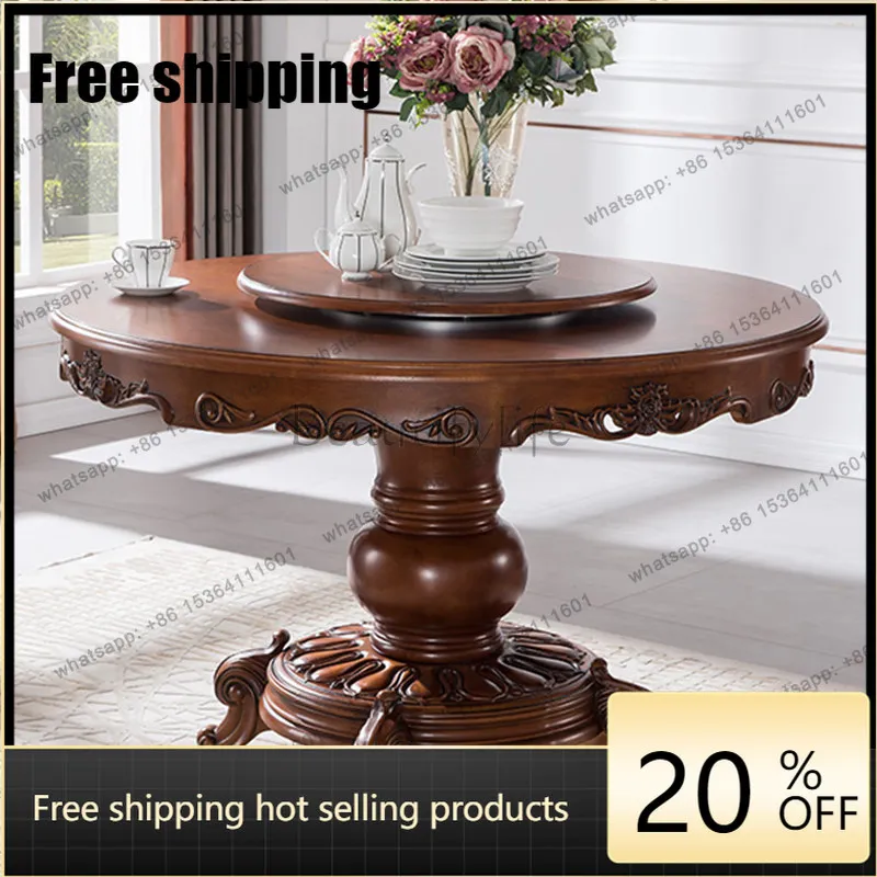 HJ American old round table with turntable European all solid wood marble dining table for home use