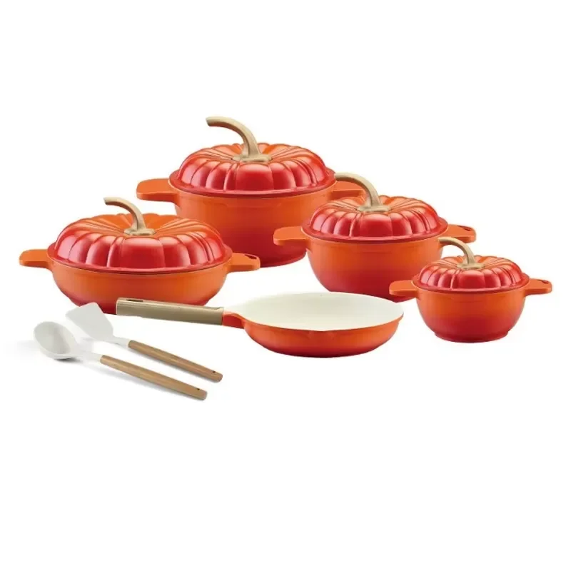 11-Piece Pumpkin Pot Set Multi-Layer Die-Cast Pot Cookware Marble Non-Stick Aluminium Pots Household