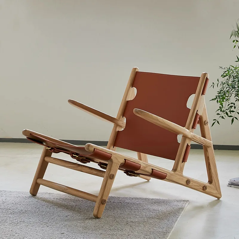 

Solid wood single sofa chair Designer saddle leather leisure chair Living room retro chair