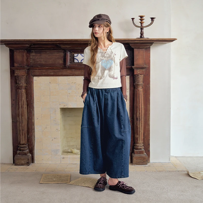 ELFSACK Women Vintage Denim Wide Leg Cropped Pants with Dotted Print, Elastic Waist Baggy Trousers for Daily Wear