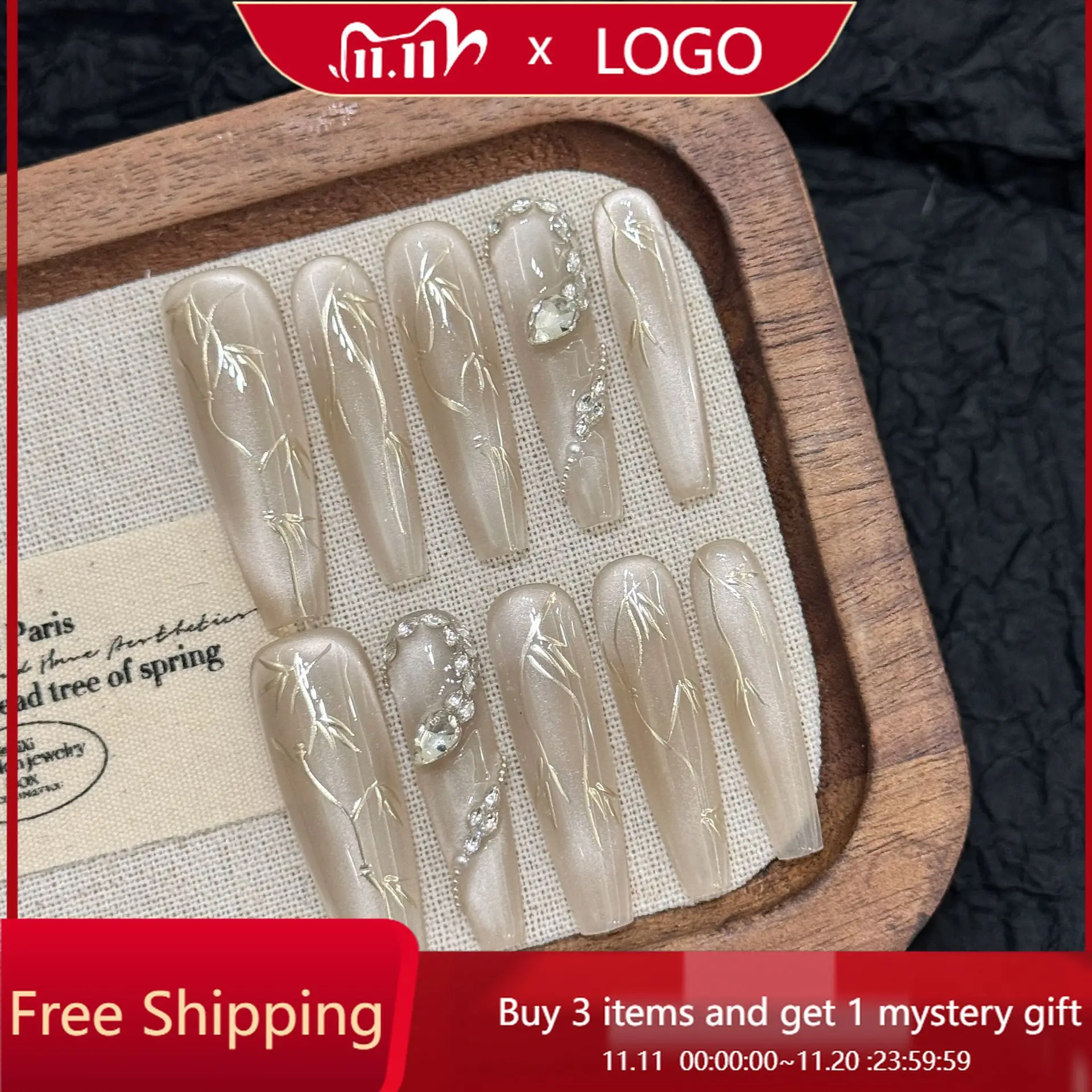 

10 шт. длинные ногти ручной работы с крутым ретро-новым китайским стилем из бамбука и змеи, эти нажмите на ногти многоразовые