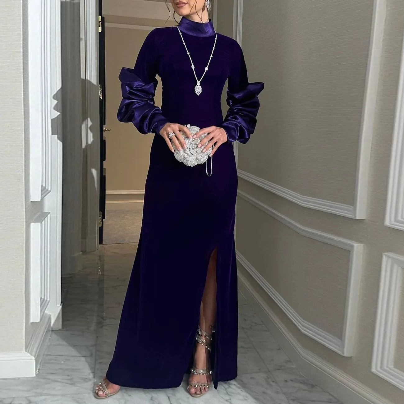 

ROSELLA High Neck Evening Dress with Puff Sleeves Ankle Length Velour Mermaid Dubai Arabic Women Formal Dresses with High Split