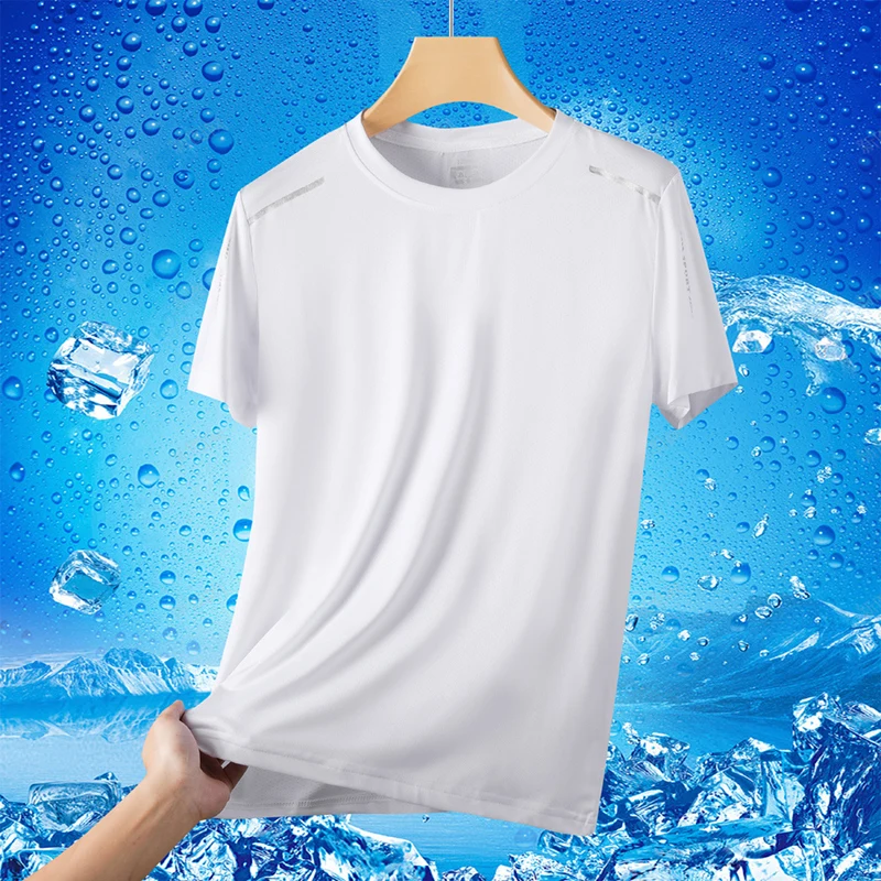 Ice Silk Short Sleeves Men\'s Summer Thin Sports Top Cool T-shirt, Elastic Mesh Breathable Outdoor New Quick Drying T-shirt