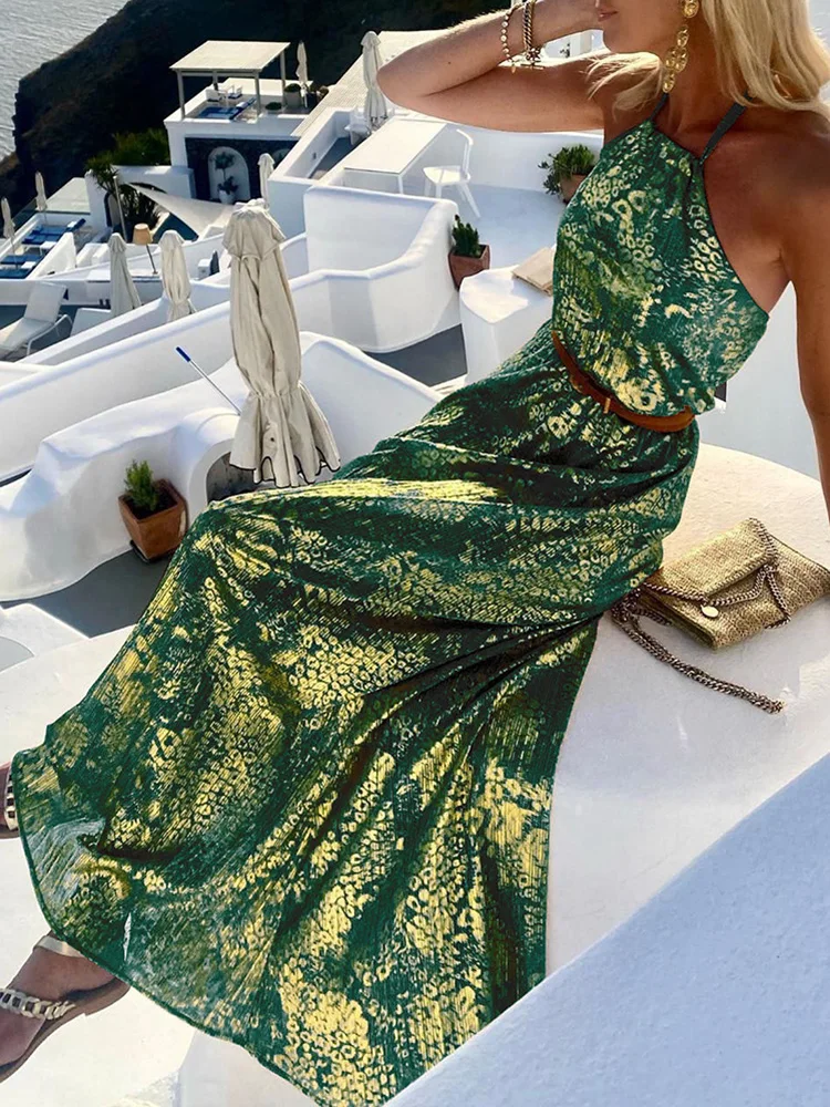 

New Beach Style Halter Loungewear Maxi Dress Women Summer Sleeveless Solid Elegant Fashion Ladies Party Dress Streetwear Vestido