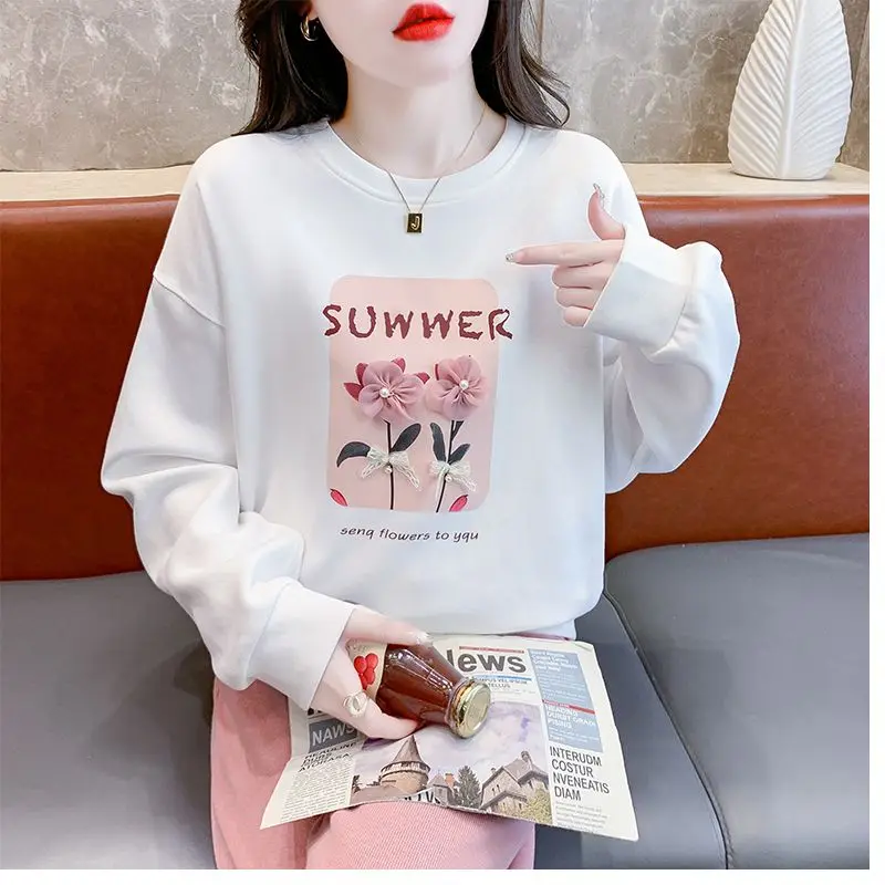 Spring Autumn Women\'s Clothing Pullover Lantern Long Sleeve Hoodies Round Neck Tie Flowers Letter Printing All-match Tops