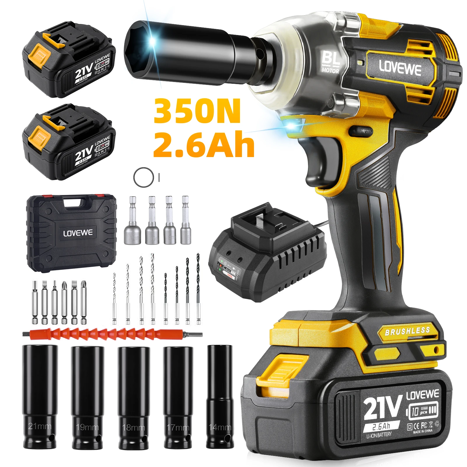 

1/2 Inch Cordless Impact Wrench -206 Ft-lbs (280N·m) Brushless Motor, 2×4.0Ah Batteries, Charger, 6 Sockets, 6 Bits & Accessory