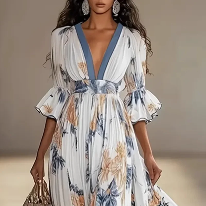 Fashion Print Splicing Mesh Long Dresses Woman Sexy Deep V Neck High Waist Swing Maxi Dress Autumn Half Sleeve Ruffle Boho Dress