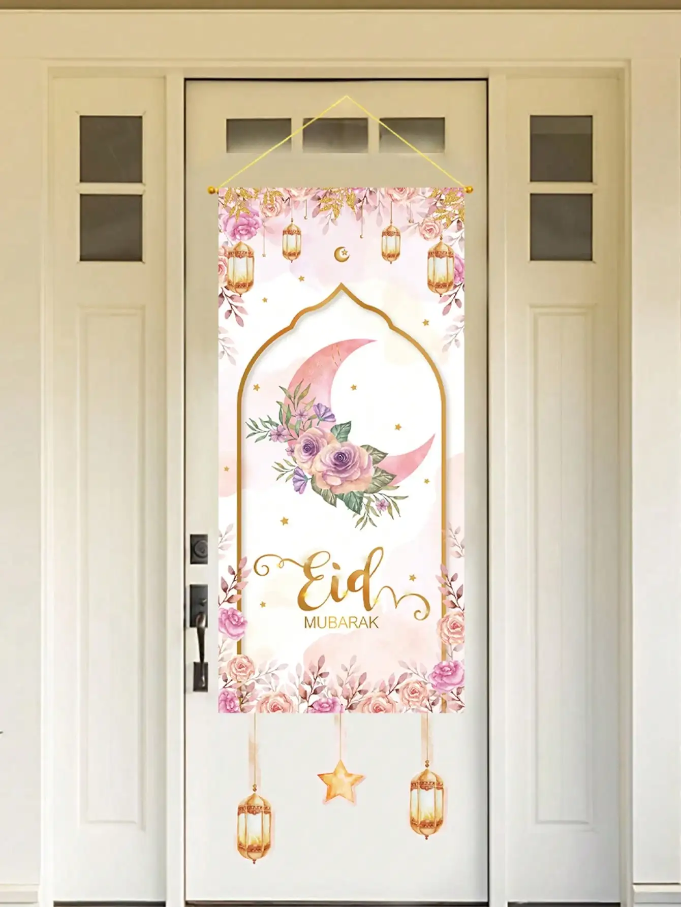 1Pc Eid Mubarak Pink Floral Eid Al-Fitr Door Curtain Star and Moon Lantern Hanging Flag Muslim Festival Decoration Wall Flag