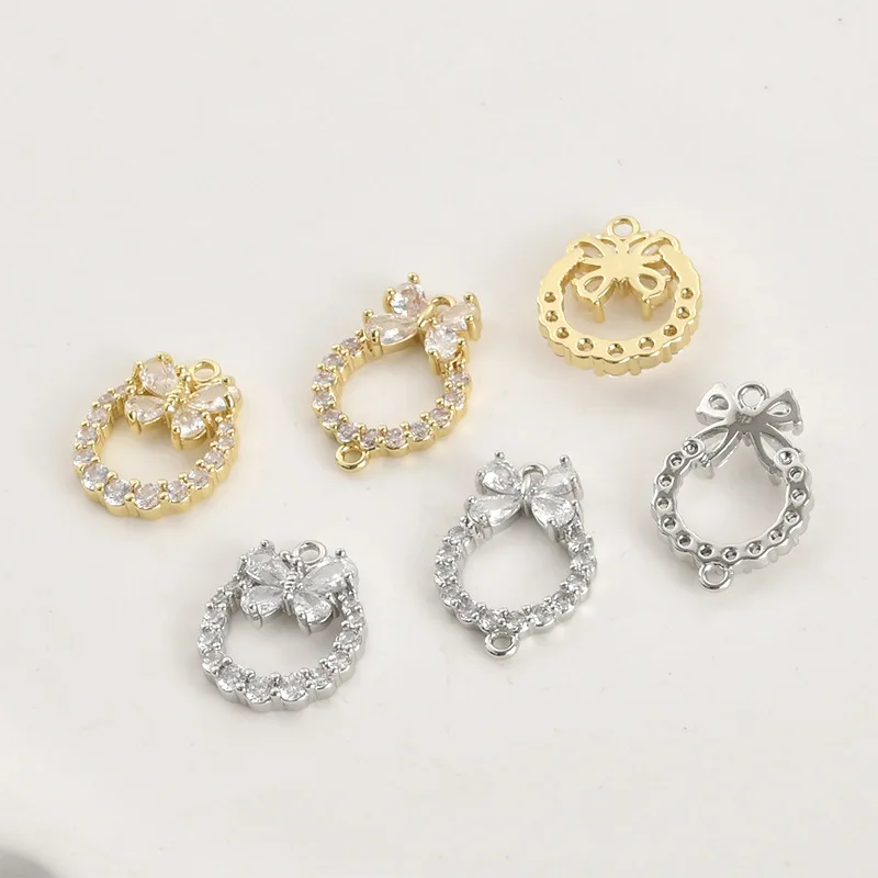 14K Real Gold Color Zircon Butterfly Wreath Double Hanging Connection DIY Handmade Bracelet Necklace Earring Accessories