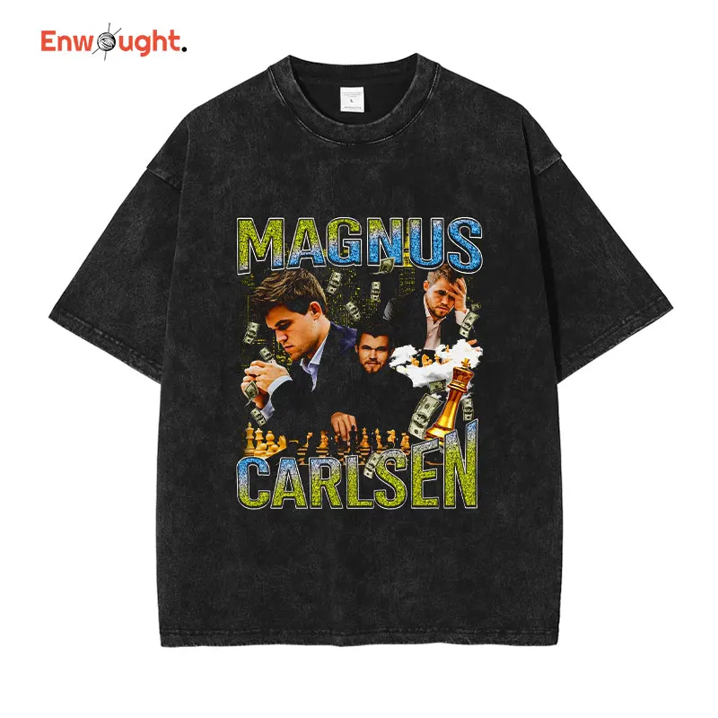 

Magnus Carlsen T Shirt Chess Champion Vintage Washed Tops Tees Oversized T-shirt Harajuku Hip Hop Short Sleeve Men 100% Cotton