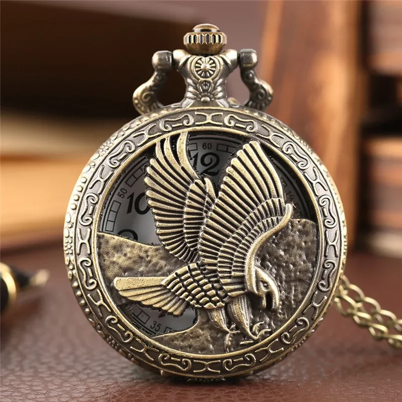 

Antique Half Hunter Pocket Watch Hollow Out Eagle Hawk Wing Bronze Quartz Watches Necklace Chain Clock for Men Women Kid Gift