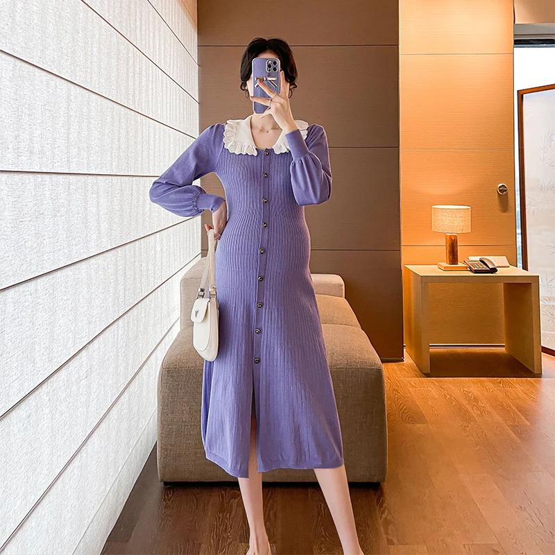 Maternity Korean Knit Nursing Dresses For Autumn Winter 2024 Clothes For Pregnant Women Cute Peter Pan Collar Pregnancy Dress