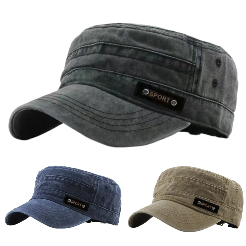 Gorra plana informal de algodón lavado, gorras de pescador ajustables para hombres y mujeres, gorra militar Cadet, gorra vintage de diseño único para las cuatro estaciones ﻿