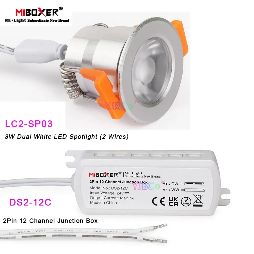 

Miboxer 3W Dual White LED Spotlight 2 Wires 24V DC Indoor Lamp Dim brightness;2Pin 12 Channel Junction Box 12CH dupont connector