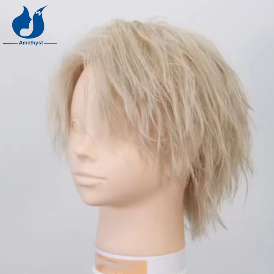 Amethyst Side Part Straight Platinum Blonde Short Wolf Cut Wig Brazilian Remy Hair 13x4 Lace Front Wig for Men 60# Colored