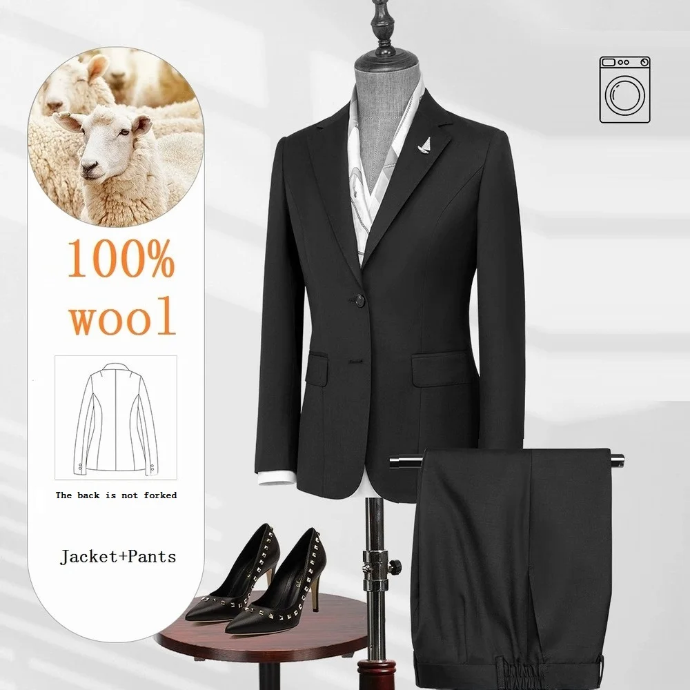 

High Quality 100% Wool Black Women Suit Business Formal Occasion Wedding Party Lady Mother 2 Piece Set Blazer Pant