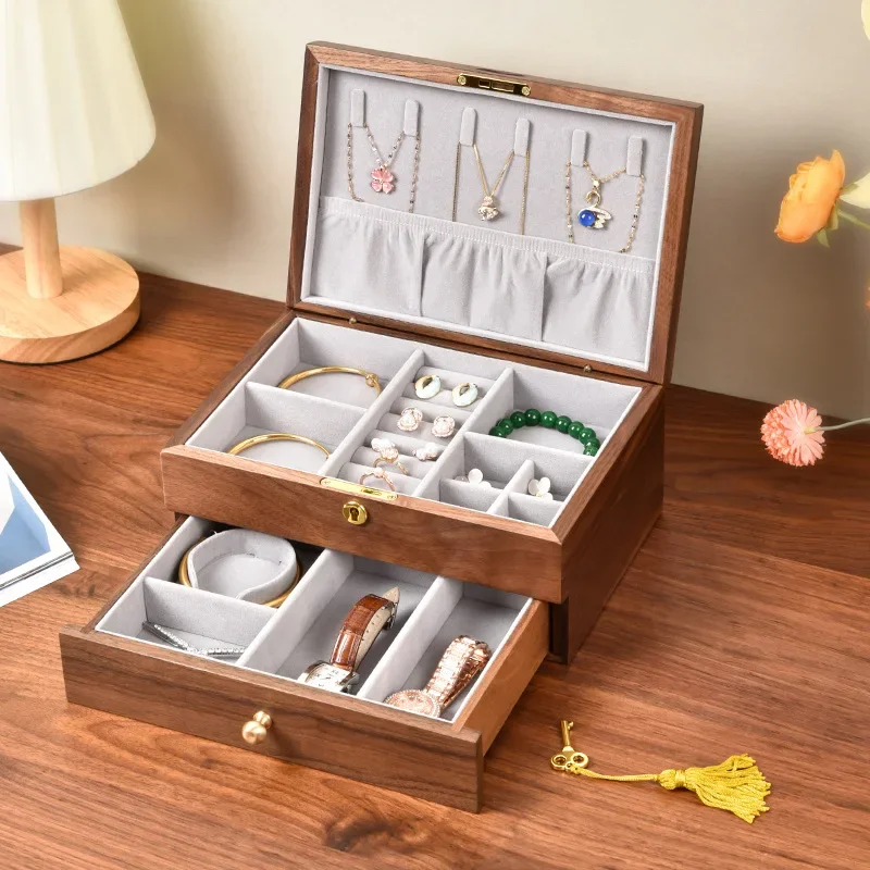 three-gold jewelry box, high-end light luxury double-layer jewelry with lock, jewelry storage box, large-capacity wood
