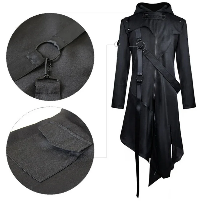 Medieval Costume Men Victorian Gothic Trench Coat Steampunk Long Black Jacket Hoodies Irregular Design Overcoat Uniform Cos