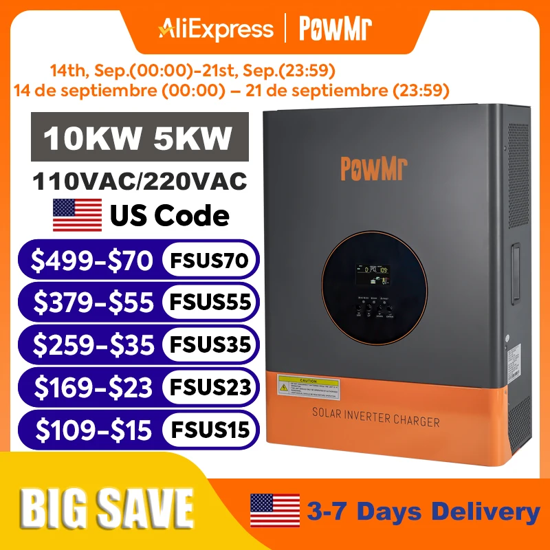 PowMr 10KW 5KW Split Phase Inverter 48V 110V or 220V Low Frequency Inverter Off Grid with MPPT 120A Solar Battery Charger Max PV 245V