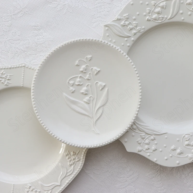 American Embossed Ceramic Plate European Modern Lily of The Valley Flower Relief Lace Dinner Plates Cake Dessert Dish Tableware