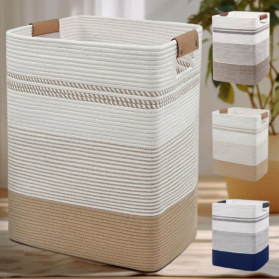 

Корзина для белья 85 л, большая корзина для стирки с кожаными ручками, декоративная корзина для хранения одеял и одежды для гостиной