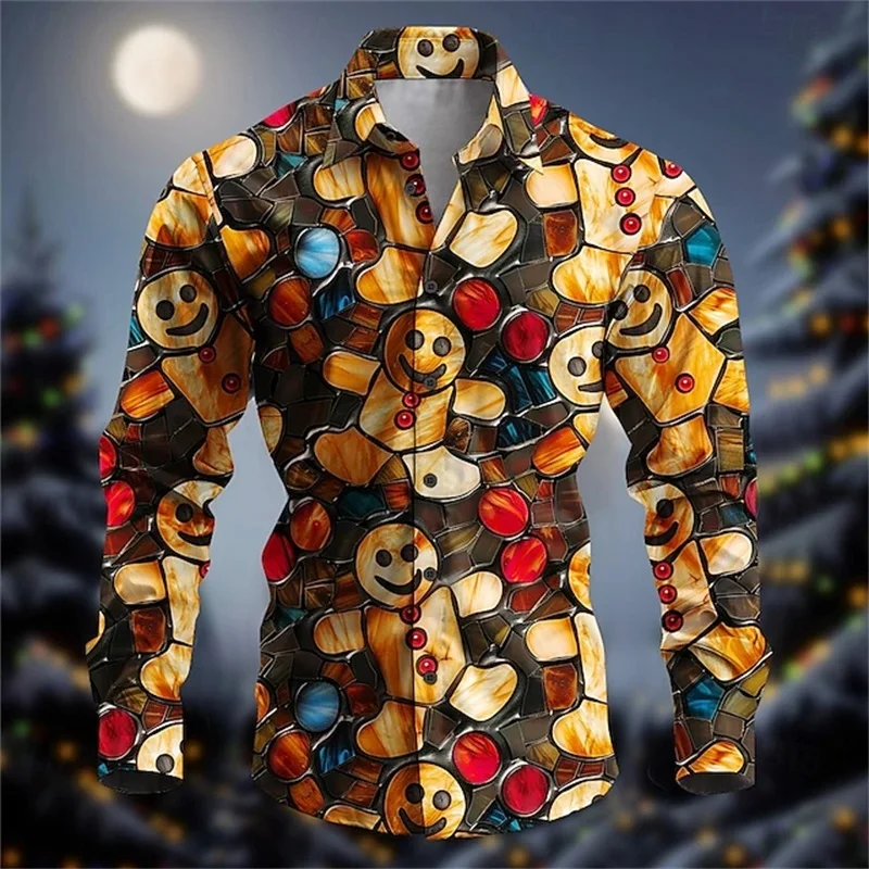 Christmas Men's Gingerbread Pattern Shirts Clothes Full Printed Casual Button Up Long Sleeve Shirts Blouse For Men Streetwear