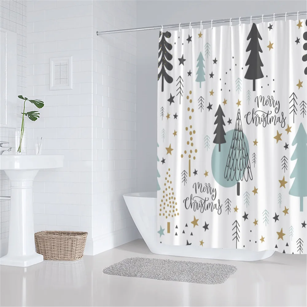 Christmas Shower Curtain Xmas Trees Snowflake Winter New Year Bath Curtains Polyester Fabric Home Bathroom Decoration With Hooks