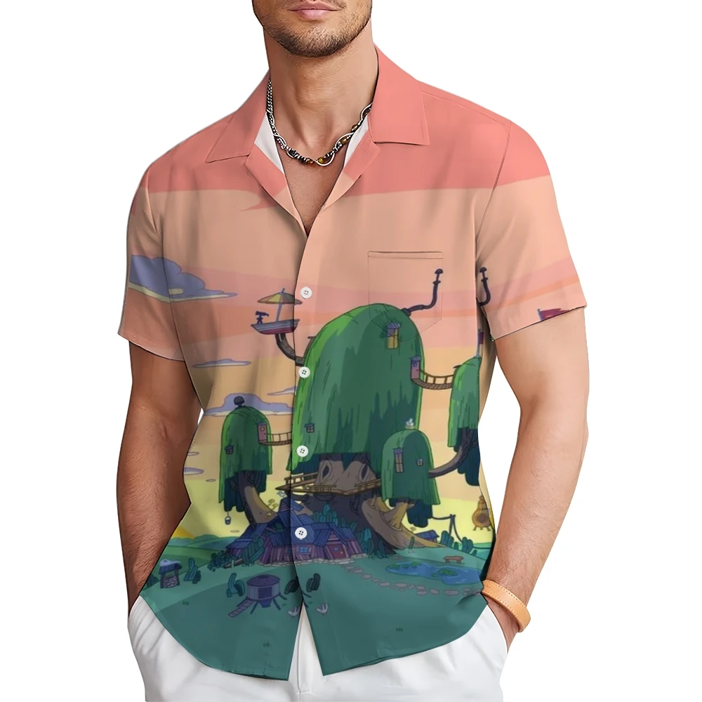 Fantasy Cartoon Castle Men's Hawaiian Casual Short Sleeve Shirt Fairy Tale Fashion Pink-Green Gradient Tee Nature Meets Fantasy