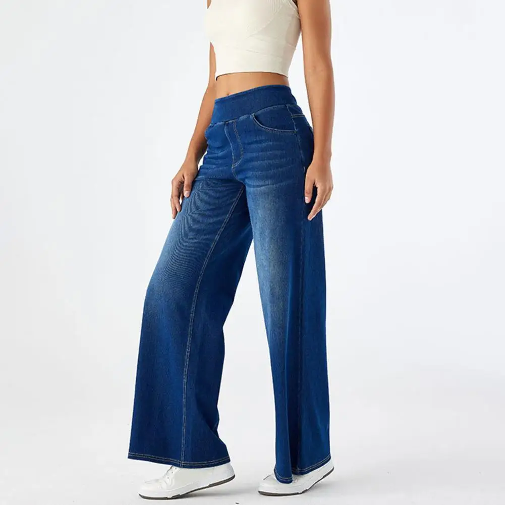 Women Jeans with Pockets Elastic Casual High Waist Wide-leg Jeans Solid Color Full Length Pants Denim Straight Loose Trousers