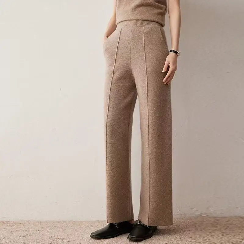 

Новые осенние и зимние шерстяные брюки с карманами, высокая талия, 100% трикотаж, толстые, свободные повседневные брюки, узкие прямые брюки