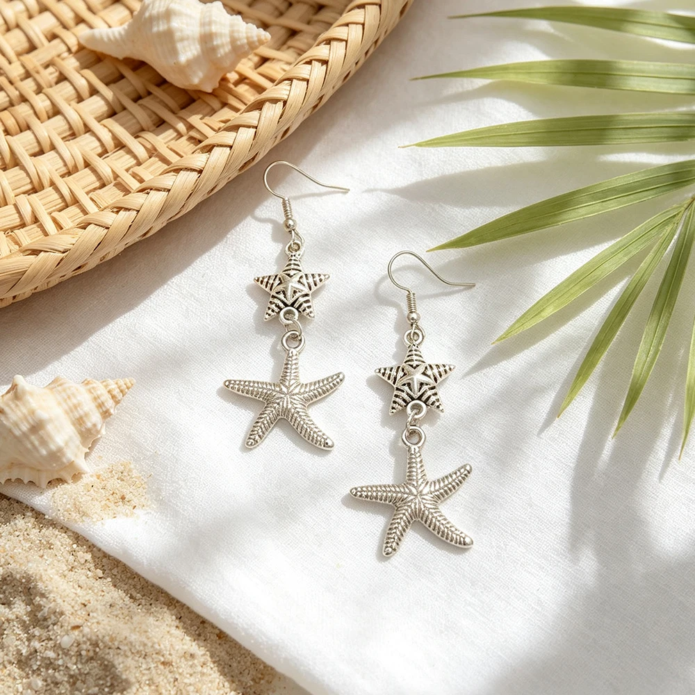 Vintage distressed silver double-layer starfish dangle earrings, ocean style, suitable for beach vacations and everyday wear, versatile long earrings for women