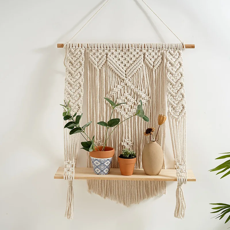 Handwoven Knot Wall Shelf Bohemian Macrame Cotton Rope Hanging Shelf Nordic Rustic Home Decor Storage Shelf