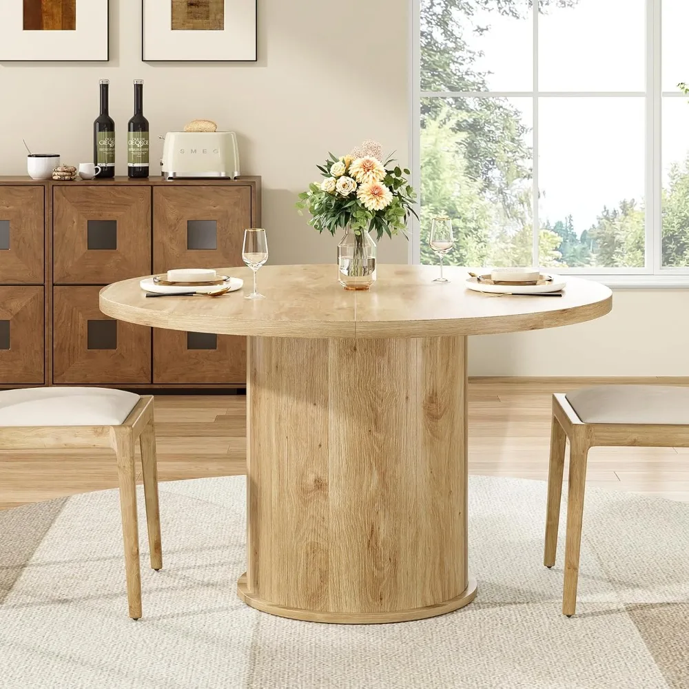 Modern Round Dining Table for 4, Compact Kitchen Table with Wooden Top and Metal Base