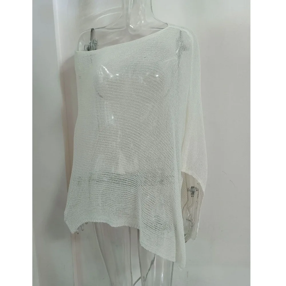 

New Off Shoulder Women Knit Cover-up Irregular Loose Sunscreen Shawl Triangle Hem Pullover Beach Tops Gift