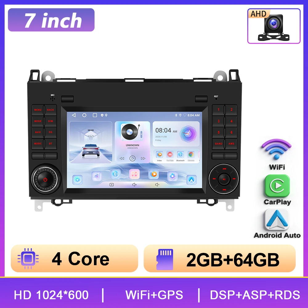 Podofo Carplay Videospeler Autoradio Radio 2din 7" Autoradio voor Mercedes Benz B200 W245 W169 2004-2012 Viano VITO W639 GPS BT