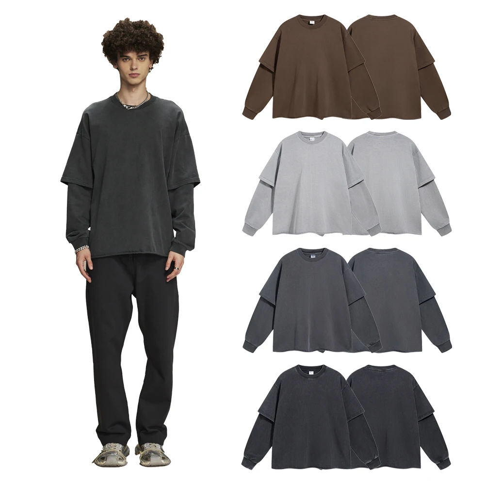 

Новинка в топе и футболке. Уличная одежда для мужчин. Винтажная искусственная футболка с двумя рукавами в стиле ретро, уличный стиль, хлопковая повседневная мужская футболка с длинным рукавом.