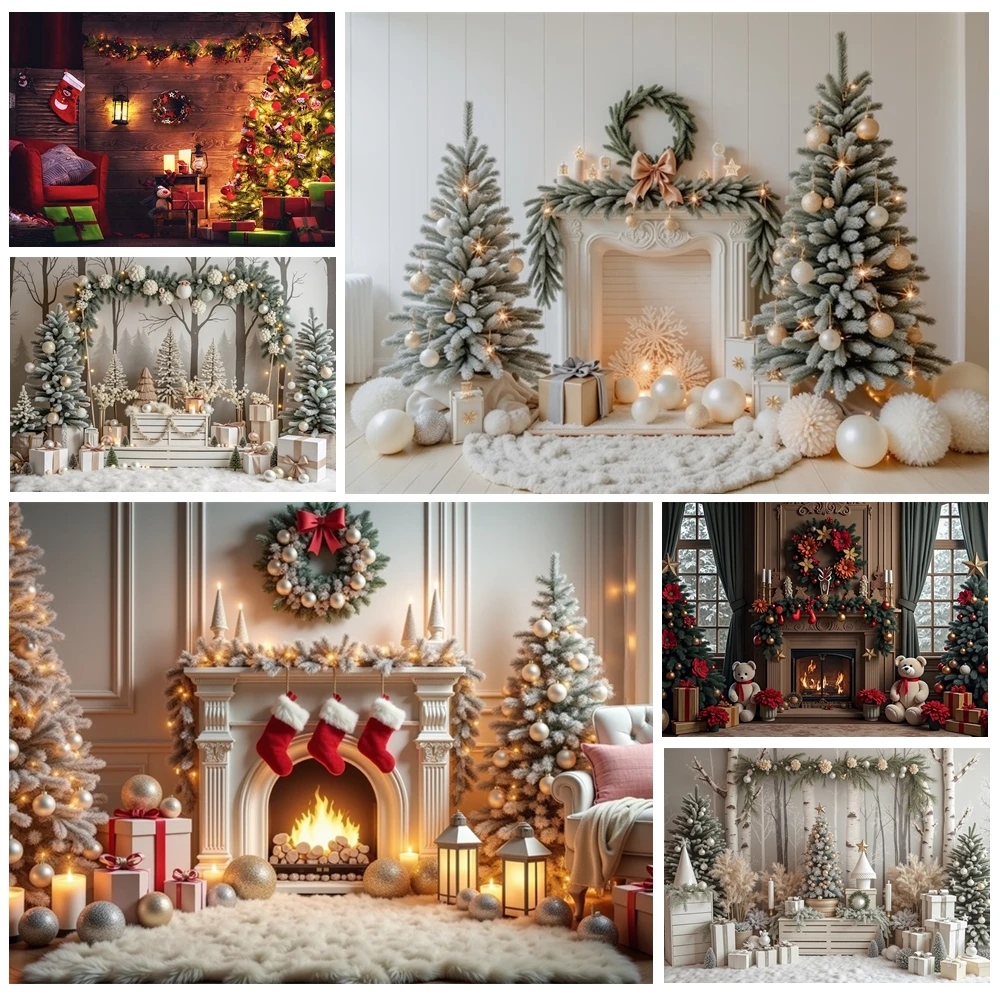 

MOON.QG Christmas Room Decoration Background Photography Fireplace Wood Red Sock Gifts Custom Backdrop Decoration Photo Studio