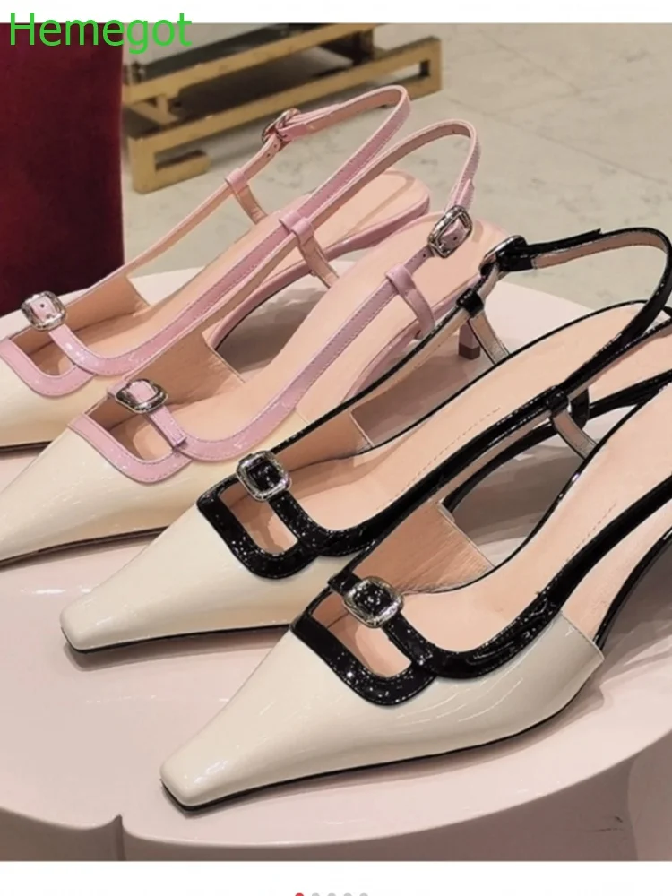 Mixed Colors Metal Decoration Sandals Pointed Toe Back Strap Thin Heels 2024 Spring New Casual Buckle Strap Fashion Women Sandal