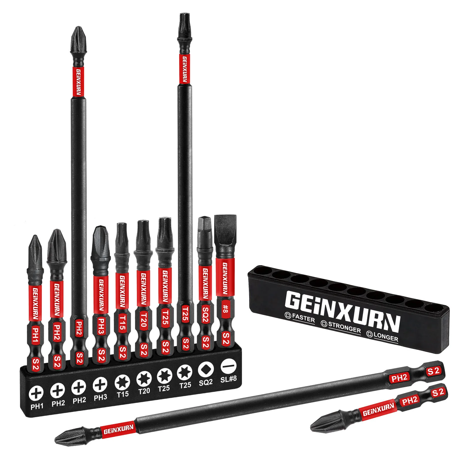 Geinxurn 10Pcs 2''/6'' Impact Tough Screwdriver Power Bit Set, Mixed S2 Alloy Steel Bit with Storage Organizer