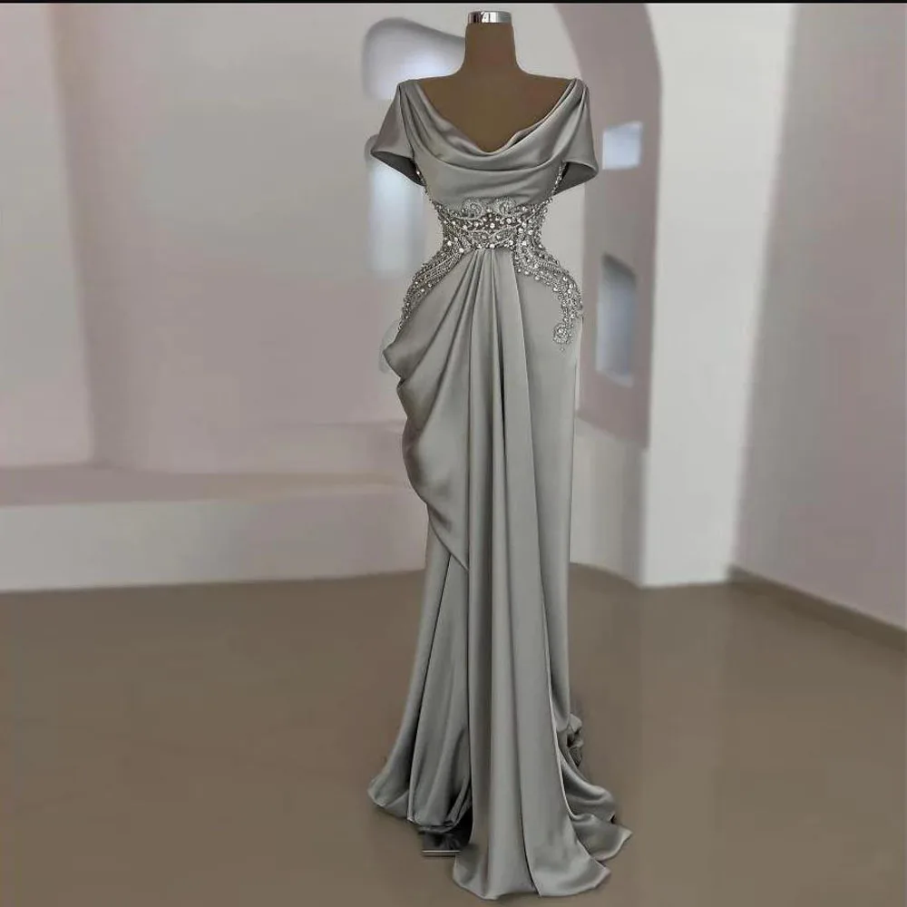 Customized Eleagnt Long Mermaid Beaded Formal Dresses With Short Sleeves Scoop Neck Draped Satin vestidos de gala
