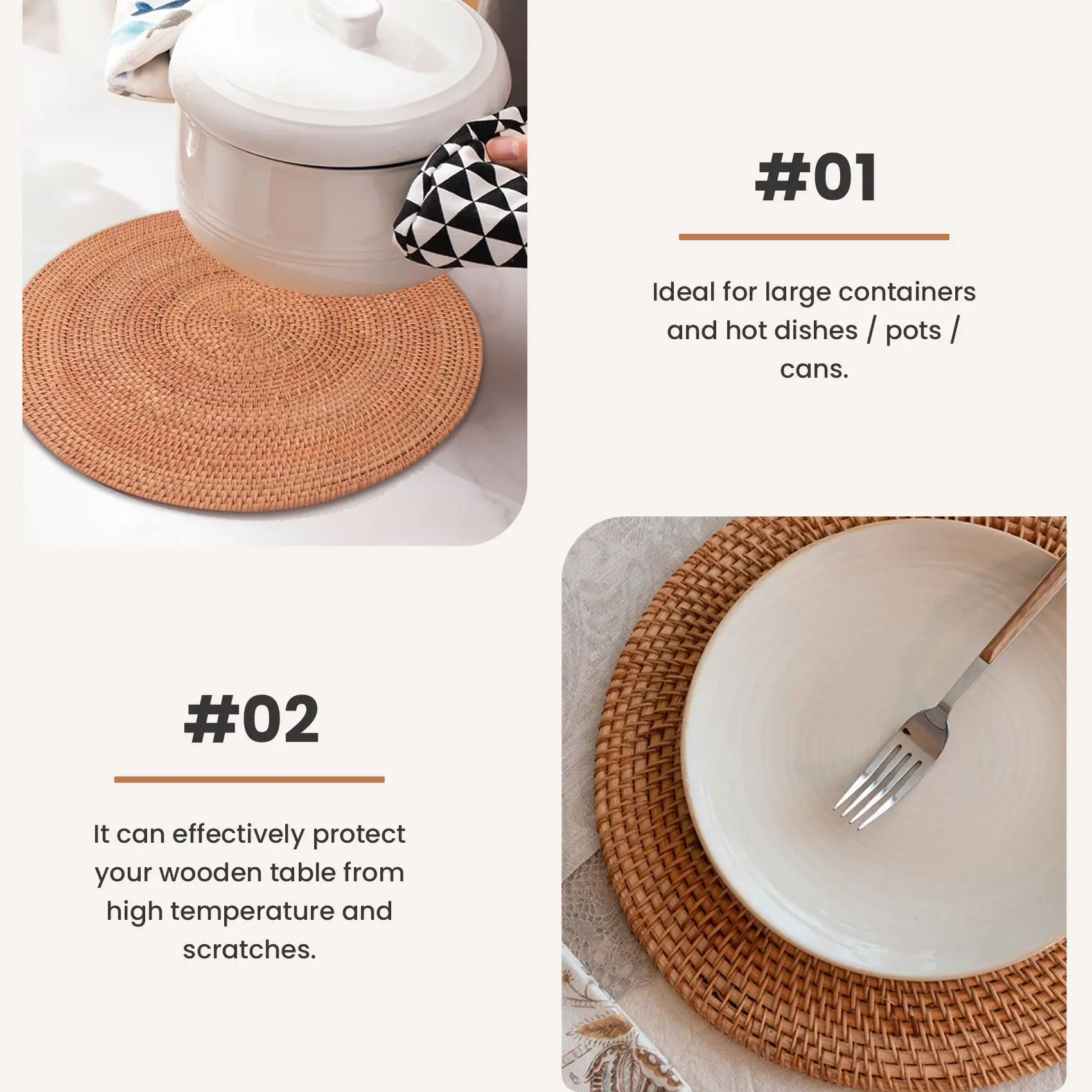 

New Rattan Woven Placemats,Table Mats,Non Slip Heat Place Mat,Wicker Placemat,Trivets for Hot Dishes Round,40cm