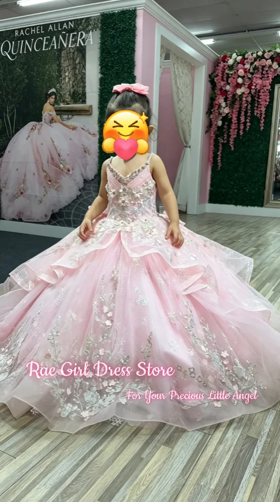 Pink Flower Girl Dress For Wedding Birthday First Communion Pageant Puffy A Line Floor Length Spaghetti Straps Floral Applique