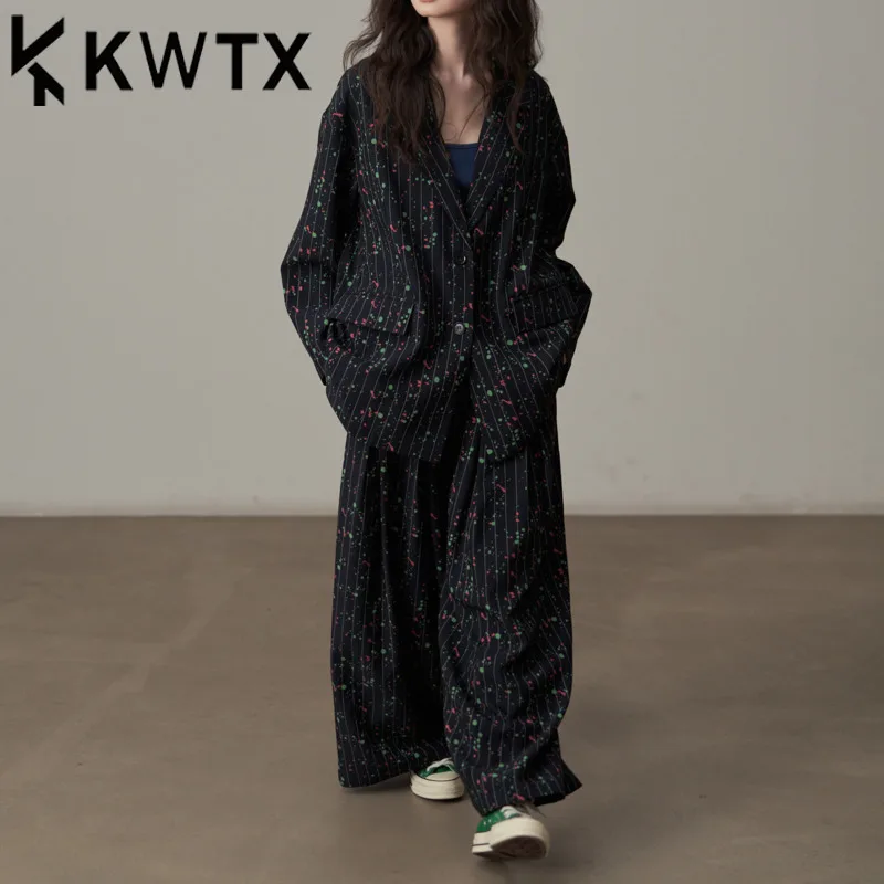 

KWTX женский комплект из 2 предметов, черный пиджак большого размера и широкие брюки, мягкая уличная одежда с винтажным принтом, весна-лето 2024 г.