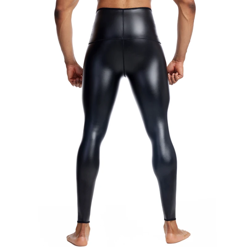 Pantalones de cuero de cintura alta para hombres, pantalones de baile de Club nocturno, estilo Rock, 3 ganchos, cuero de imitación, ajuste Delgado,