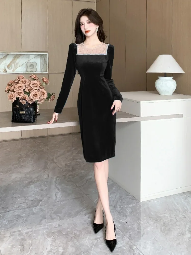 Ofallsis O neck Retro Gold Velvet Nail Beaded Long Sleeve Dress 2024 Autumn New Socialite Mid Waist Cinching Slimming Dresses