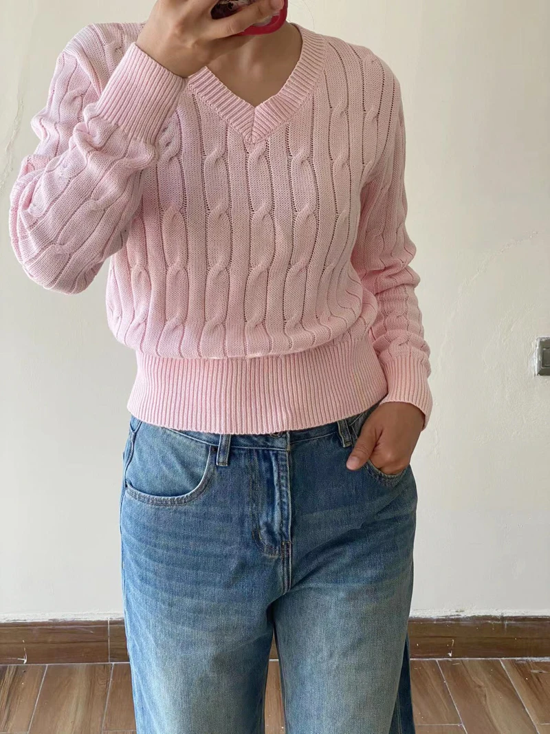 Women's Sweater Autumn/Winter 2024 New V-Neck Long Sleeve Pink Fried Dough Twists Embroidery Thread Knit Pullover Sweater