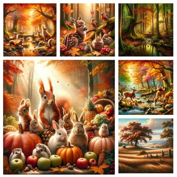 다이아몬드 페인팅 사슴 토끼 다람쥐 5D DIY 가을 숲 수확 풍경, 풀 드릴 자수, 수제 취미 모자이크 공예