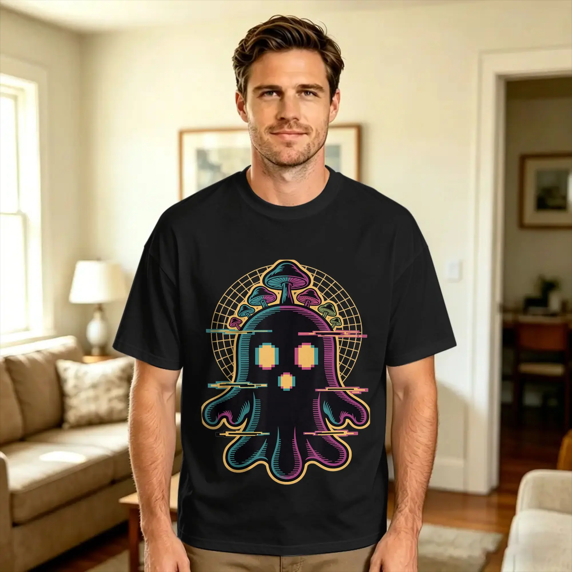 Trippy EDM Party Mushroom Art Spooky Ghost Raver T Shirt Summer  Cotton T-Shirts For Mens Custom DIY Tshirt Short-Sleeved