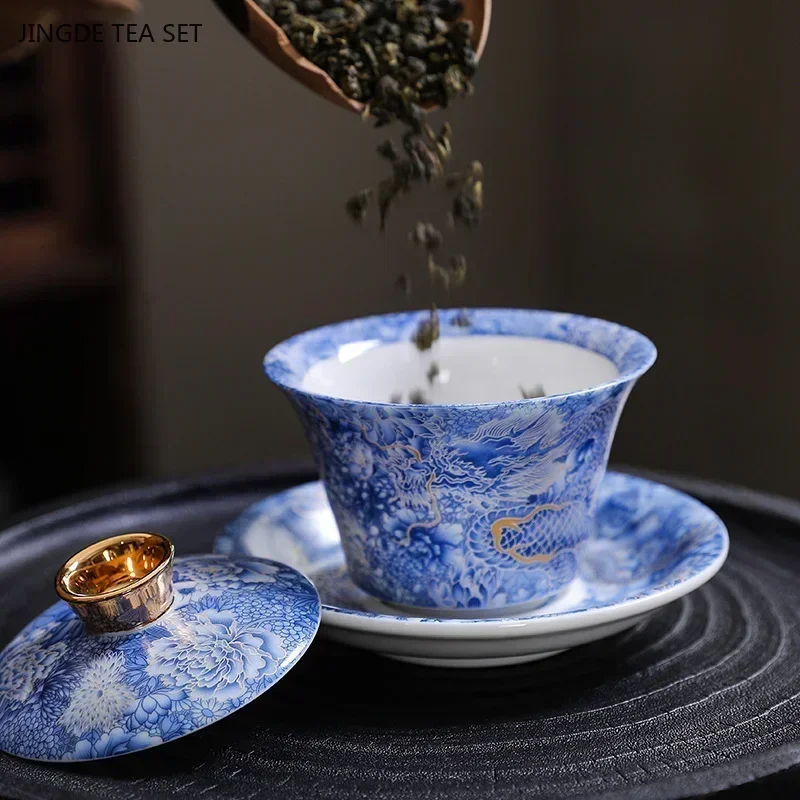 Porcelana chinesa esmaltada azul e branca Gaiwan, máquina de chá estilo palácio de alto grau, tigela de chá pequena, casa, 150ml, 1pc