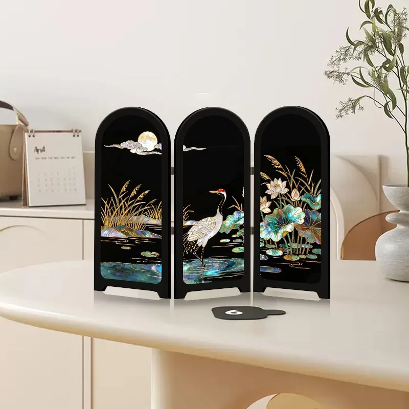 Lacquer Painting Imitation Inlaid Wood Folding Screen Partition. Sideboard With Decorative Paintings Placed on the Shelves.